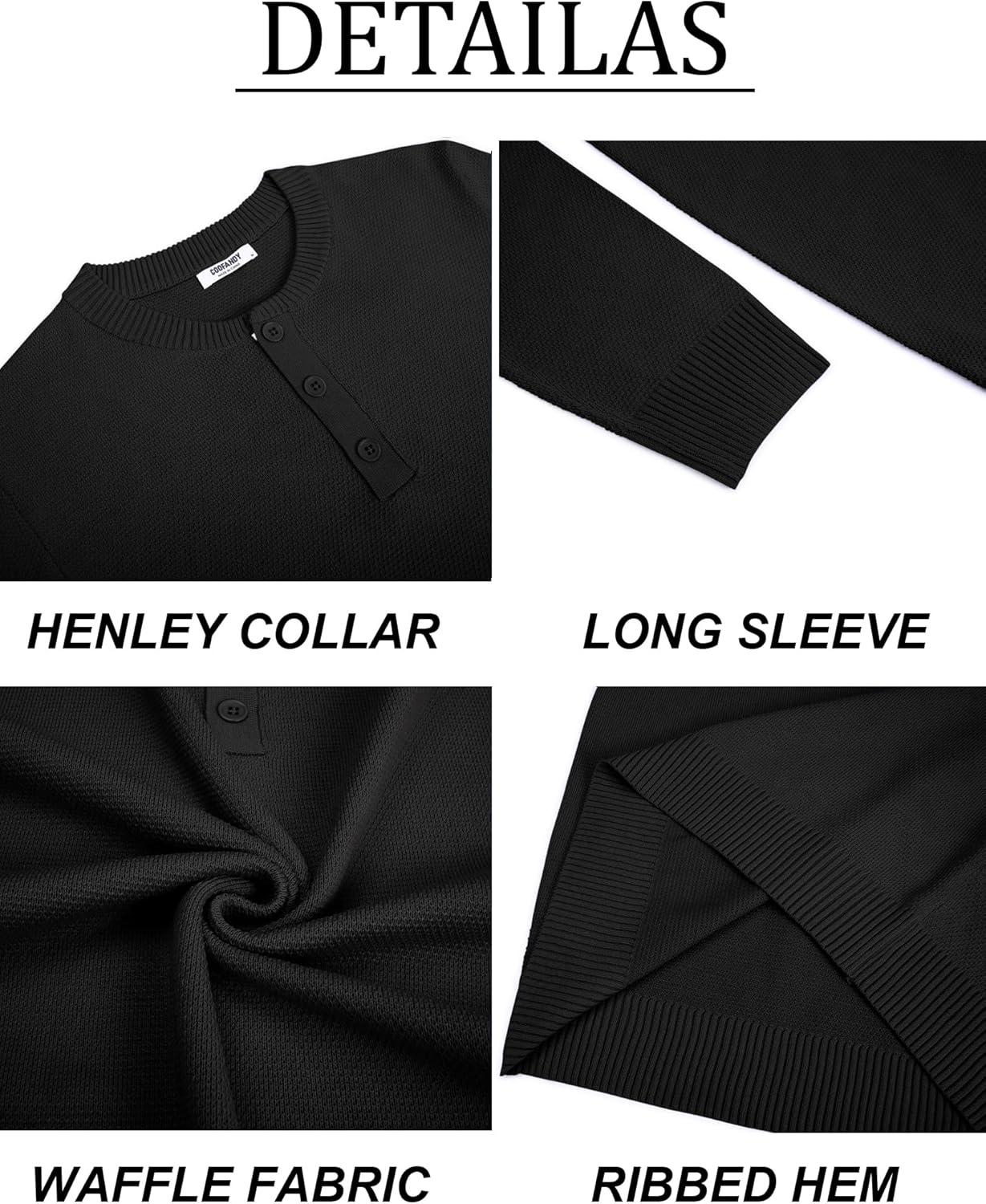 imageCOOFANDY Mens Henley Sweater Long Sleeve Textured Pullover Sweaters Casual Button Crewneck Knit SweaterBlack