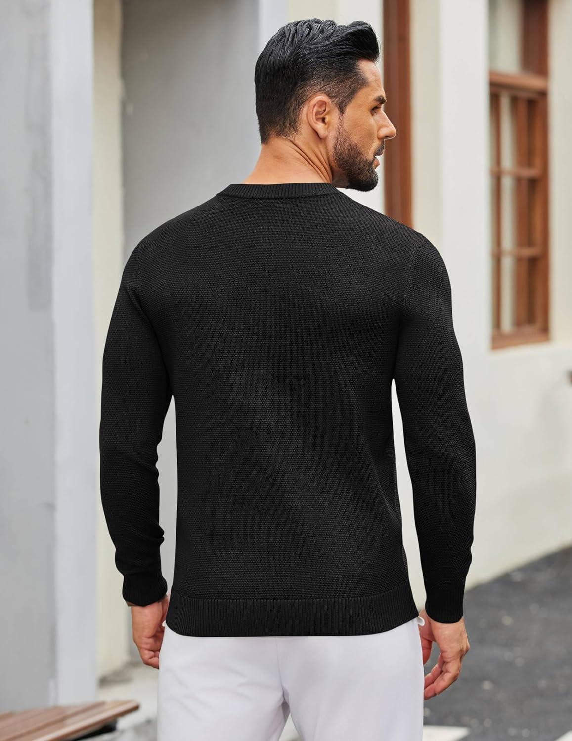 imageCOOFANDY Mens Henley Sweater Long Sleeve Textured Pullover Sweaters Casual Button Crewneck Knit SweaterBlack