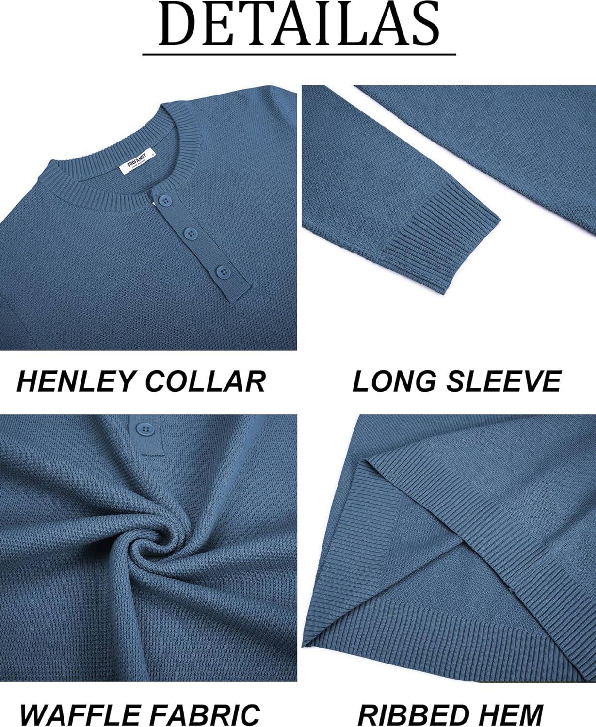 imageCOOFANDY Mens Henley Sweater Long Sleeve Textured Pullover Sweaters Casual Button Crewneck Knit SweaterBlue