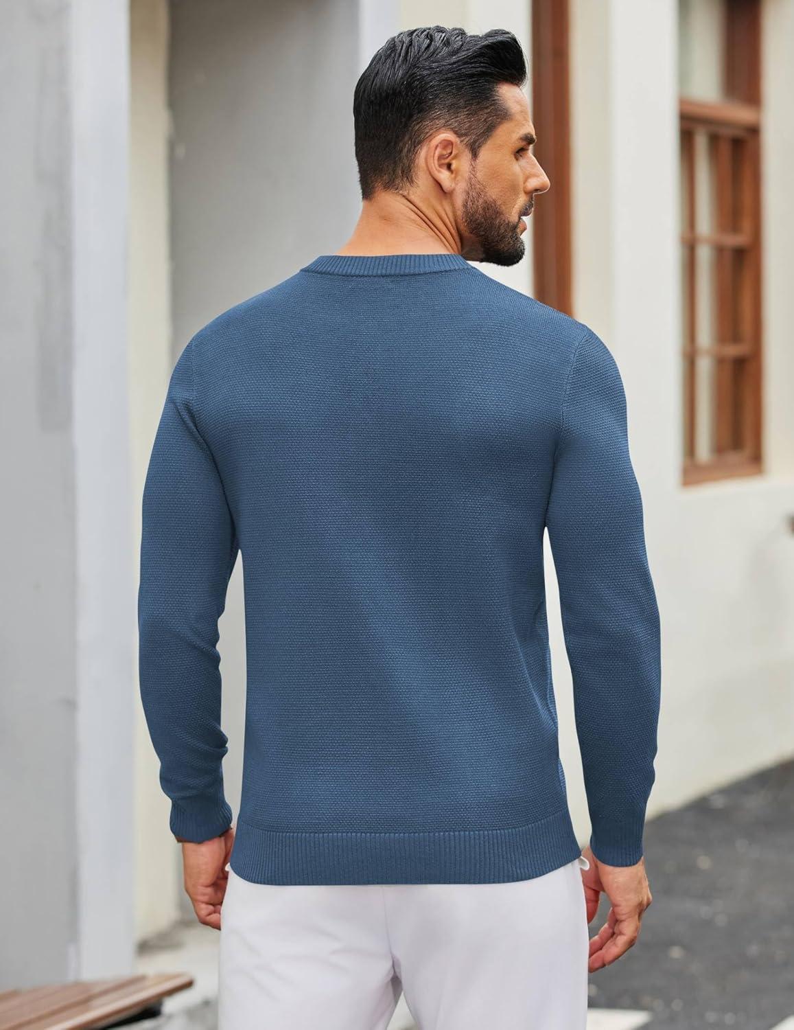 imageCOOFANDY Mens Henley Sweater Long Sleeve Textured Pullover Sweaters Casual Button Crewneck Knit SweaterBlue