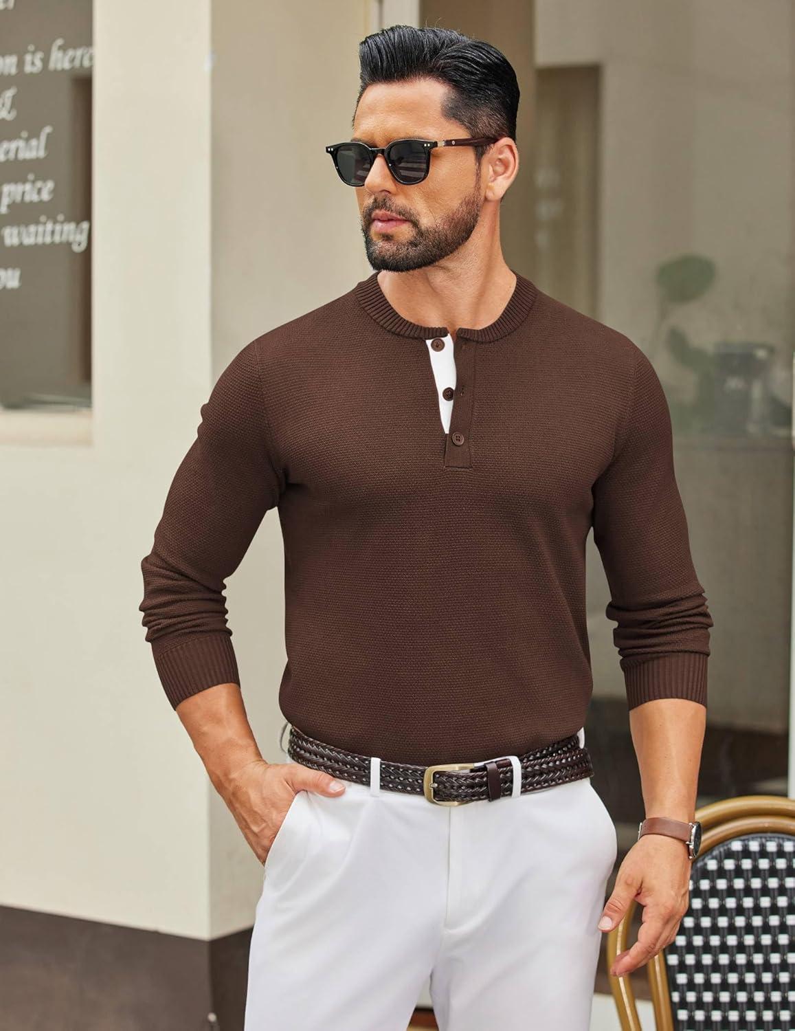 imageCOOFANDY Mens Henley Sweater Long Sleeve Textured Pullover Sweaters Casual Button Crewneck Knit SweaterBrown