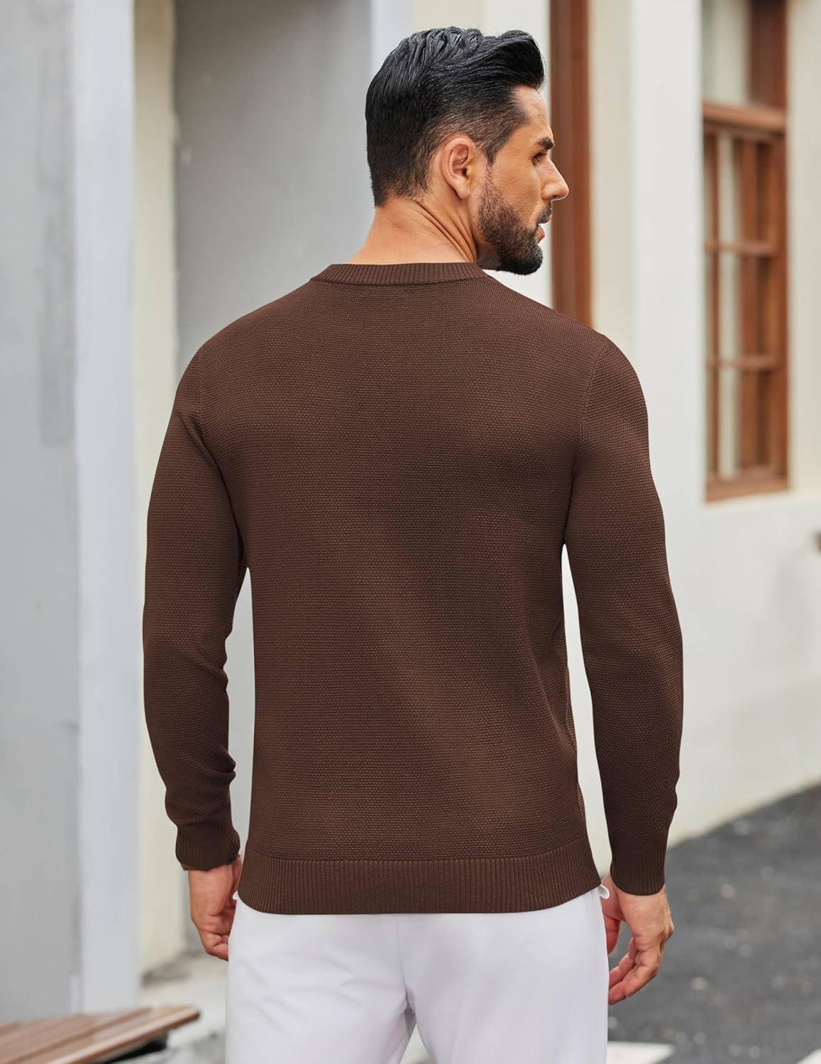 imageCOOFANDY Mens Henley Sweater Long Sleeve Textured Pullover Sweaters Casual Button Crewneck Knit SweaterBrown