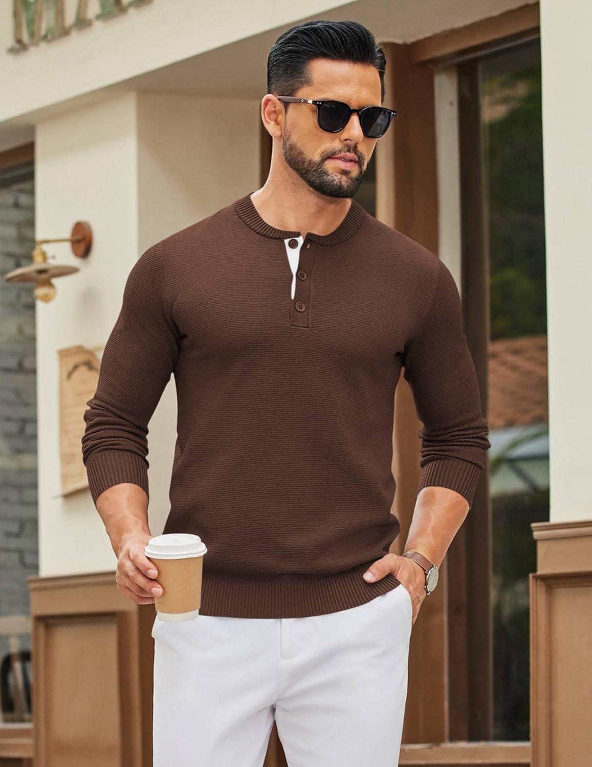 imageCOOFANDY Mens Henley Sweater Long Sleeve Textured Pullover Sweaters Casual Button Crewneck Knit SweaterBrown