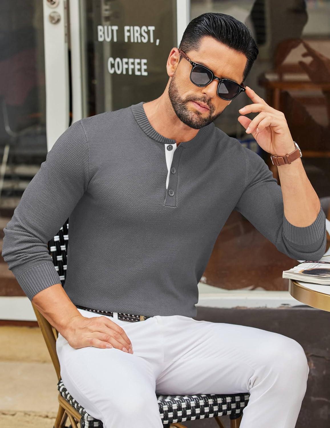 imageCOOFANDY Mens Henley Sweater Long Sleeve Textured Pullover Sweaters Casual Button Crewneck Knit SweaterDark Grey
