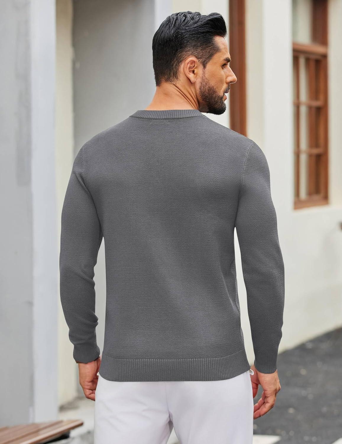 imageCOOFANDY Mens Henley Sweater Long Sleeve Textured Pullover Sweaters Casual Button Crewneck Knit SweaterDark Grey