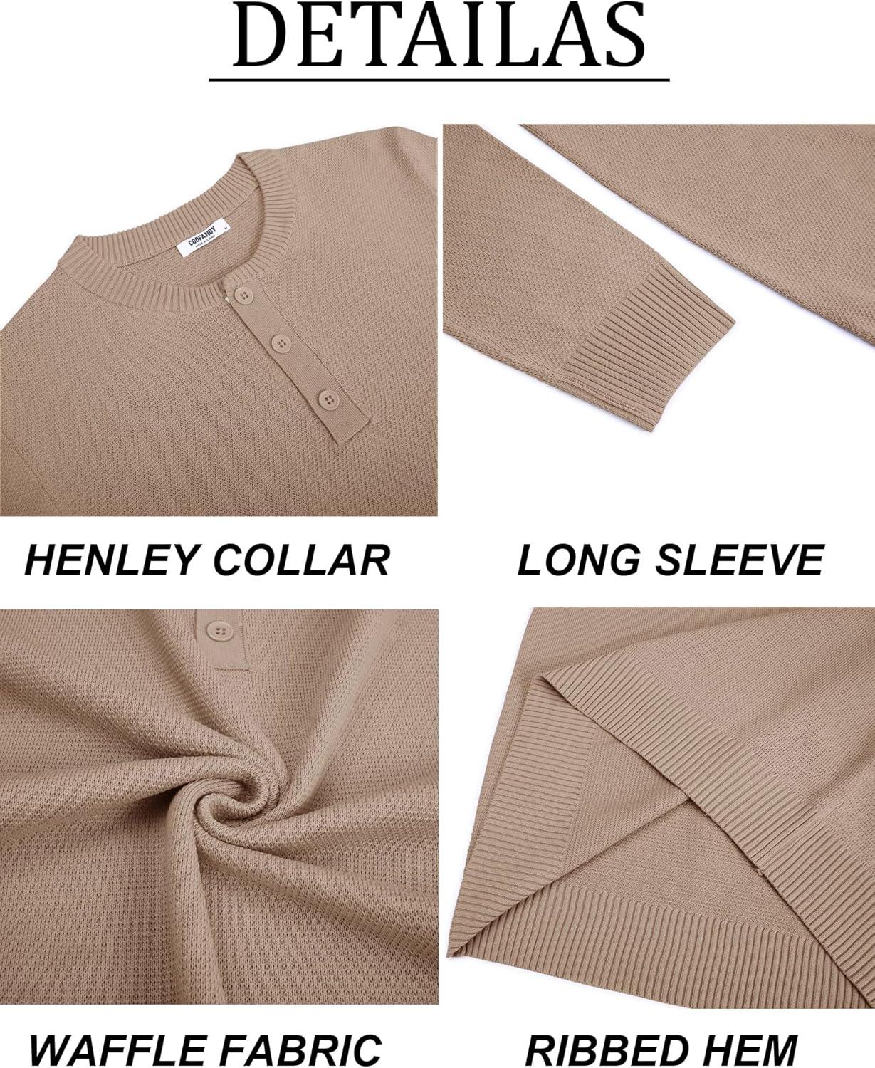 imageCOOFANDY Mens Henley Sweater Long Sleeve Textured Pullover Sweaters Casual Button Crewneck Knit SweaterKhaki