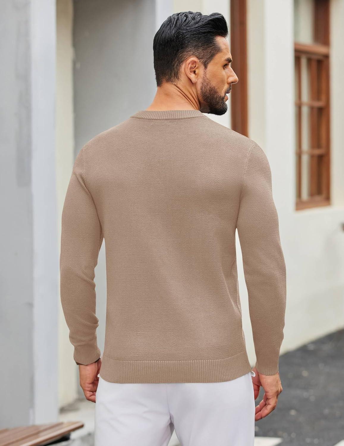 imageCOOFANDY Mens Henley Sweater Long Sleeve Textured Pullover Sweaters Casual Button Crewneck Knit SweaterKhaki