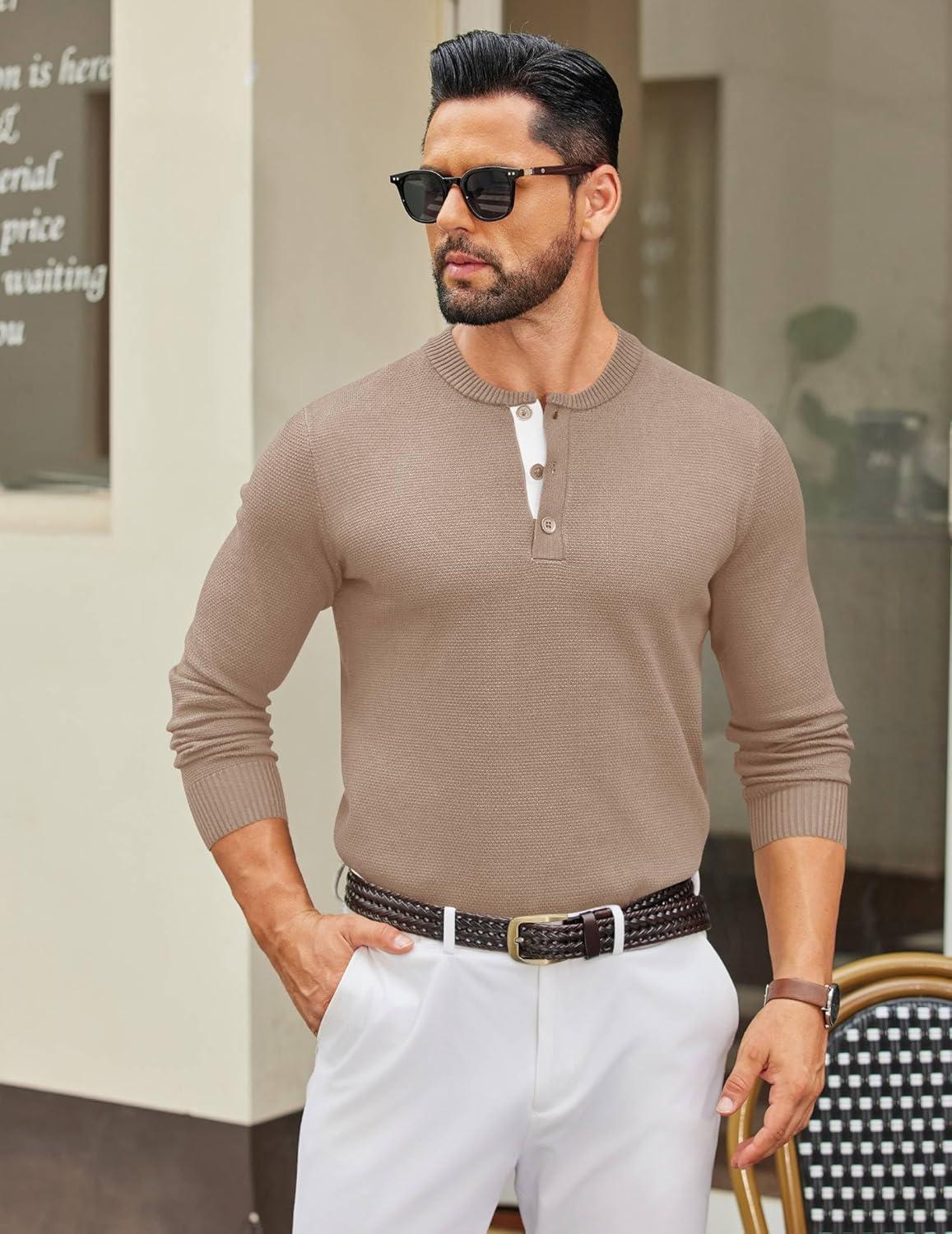imageCOOFANDY Mens Henley Sweater Long Sleeve Textured Pullover Sweaters Casual Button Crewneck Knit SweaterKhaki