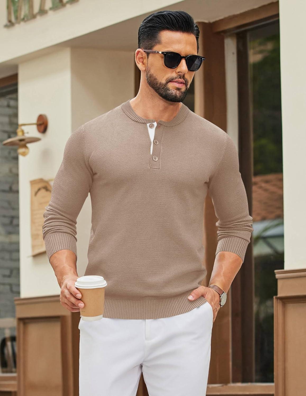 imageCOOFANDY Mens Henley Sweater Long Sleeve Textured Pullover Sweaters Casual Button Crewneck Knit SweaterKhaki
