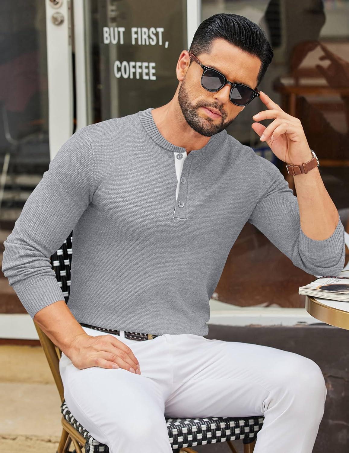 imageCOOFANDY Mens Henley Sweater Long Sleeve Textured Pullover Sweaters Casual Button Crewneck Knit SweaterLight Grey