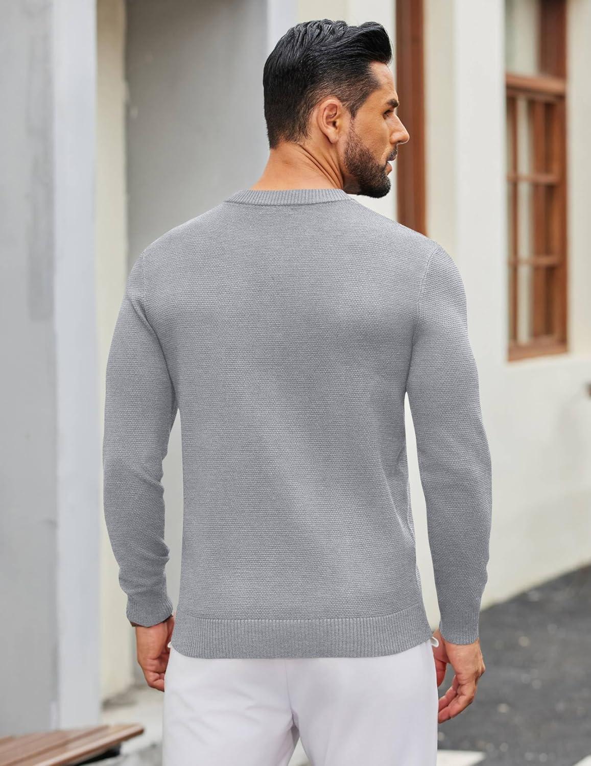 imageCOOFANDY Mens Henley Sweater Long Sleeve Textured Pullover Sweaters Casual Button Crewneck Knit SweaterLight Grey