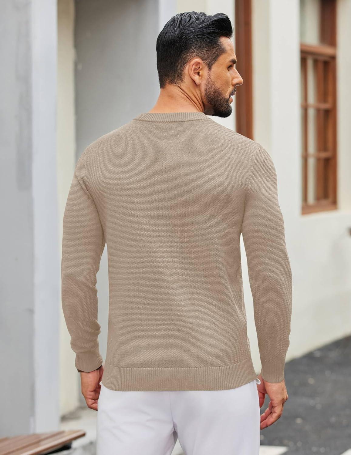 imageCOOFANDY Mens Henley Sweater Long Sleeve Textured Pullover Sweaters Casual Button Crewneck Knit SweaterLight Khaki