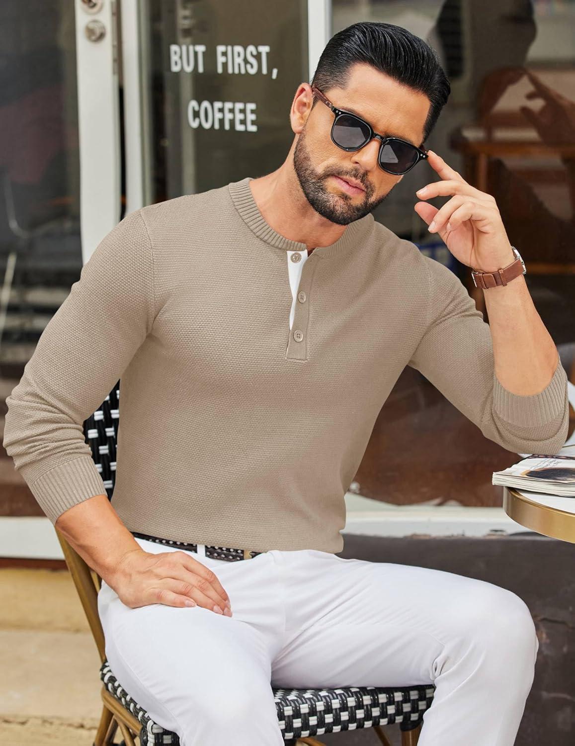 imageCOOFANDY Mens Henley Sweater Long Sleeve Textured Pullover Sweaters Casual Button Crewneck Knit SweaterLight Khaki