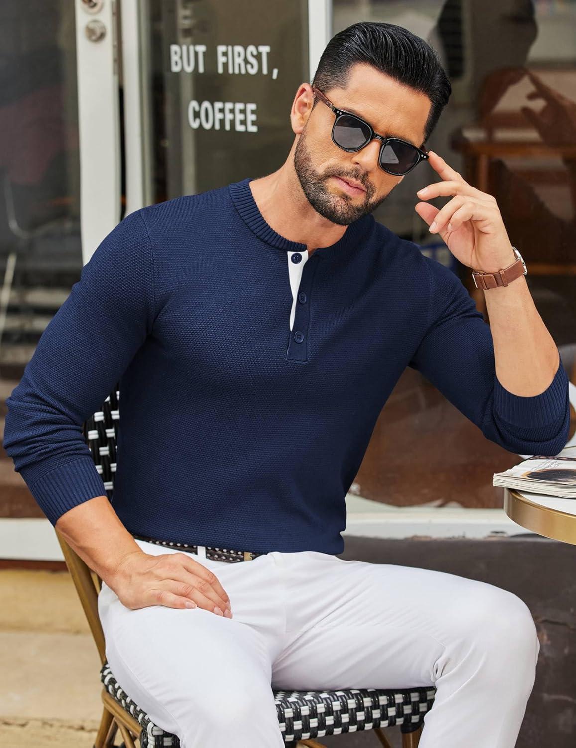 imageCOOFANDY Mens Henley Sweater Long Sleeve Textured Pullover Sweaters Casual Button Crewneck Knit SweaterNavy Blue