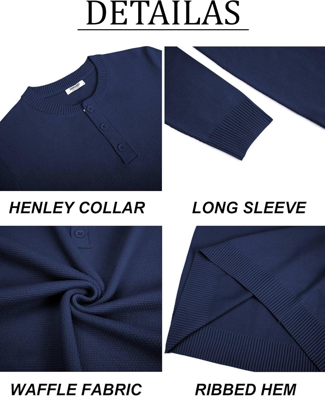 imageCOOFANDY Mens Henley Sweater Long Sleeve Textured Pullover Sweaters Casual Button Crewneck Knit SweaterNavy Blue