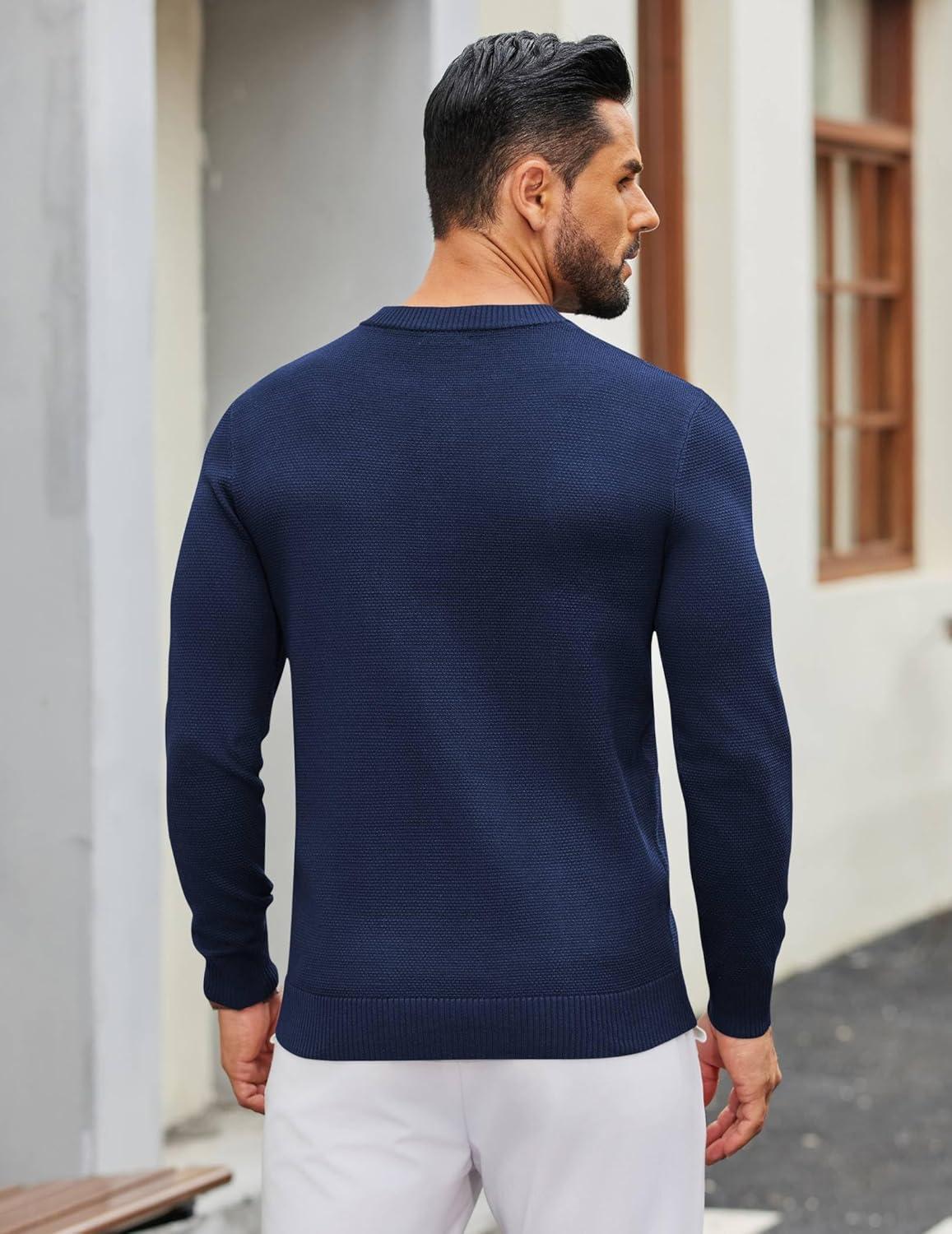 imageCOOFANDY Mens Henley Sweater Long Sleeve Textured Pullover Sweaters Casual Button Crewneck Knit SweaterNavy Blue
