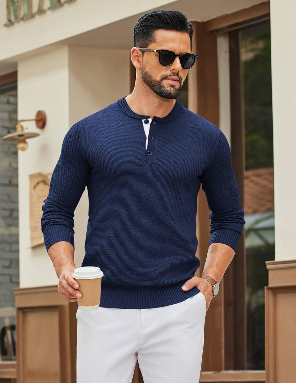 imageCOOFANDY Mens Henley Sweater Long Sleeve Textured Pullover Sweaters Casual Button Crewneck Knit SweaterNavy Blue