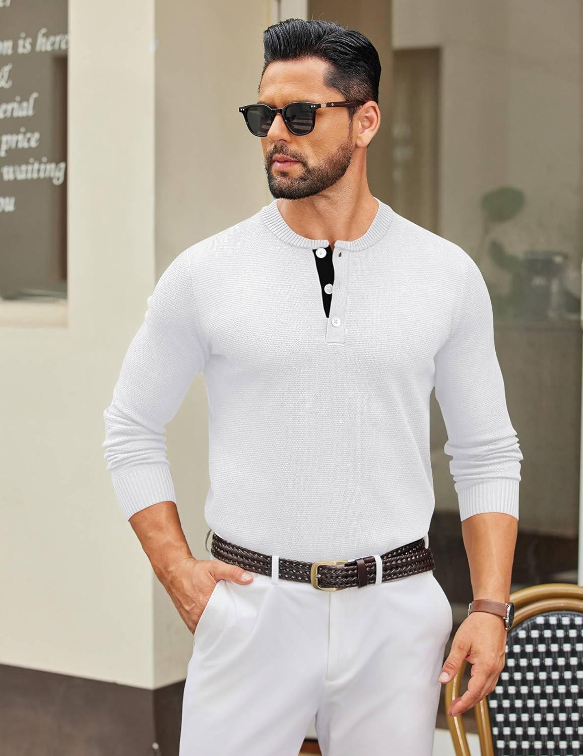 imageCOOFANDY Mens Henley Sweater Long Sleeve Textured Pullover Sweaters Casual Button Crewneck Knit SweaterWhite