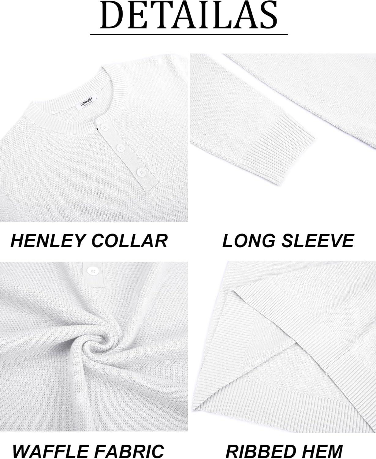 imageCOOFANDY Mens Henley Sweater Long Sleeve Textured Pullover Sweaters Casual Button Crewneck Knit SweaterWhite