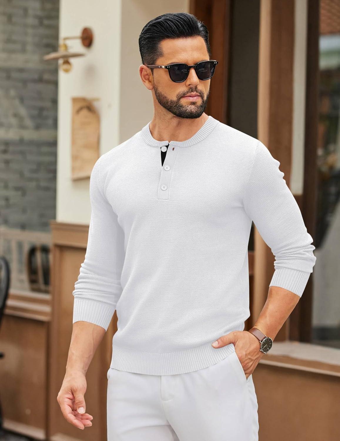imageCOOFANDY Mens Henley Sweater Long Sleeve Textured Pullover Sweaters Casual Button Crewneck Knit SweaterWhite