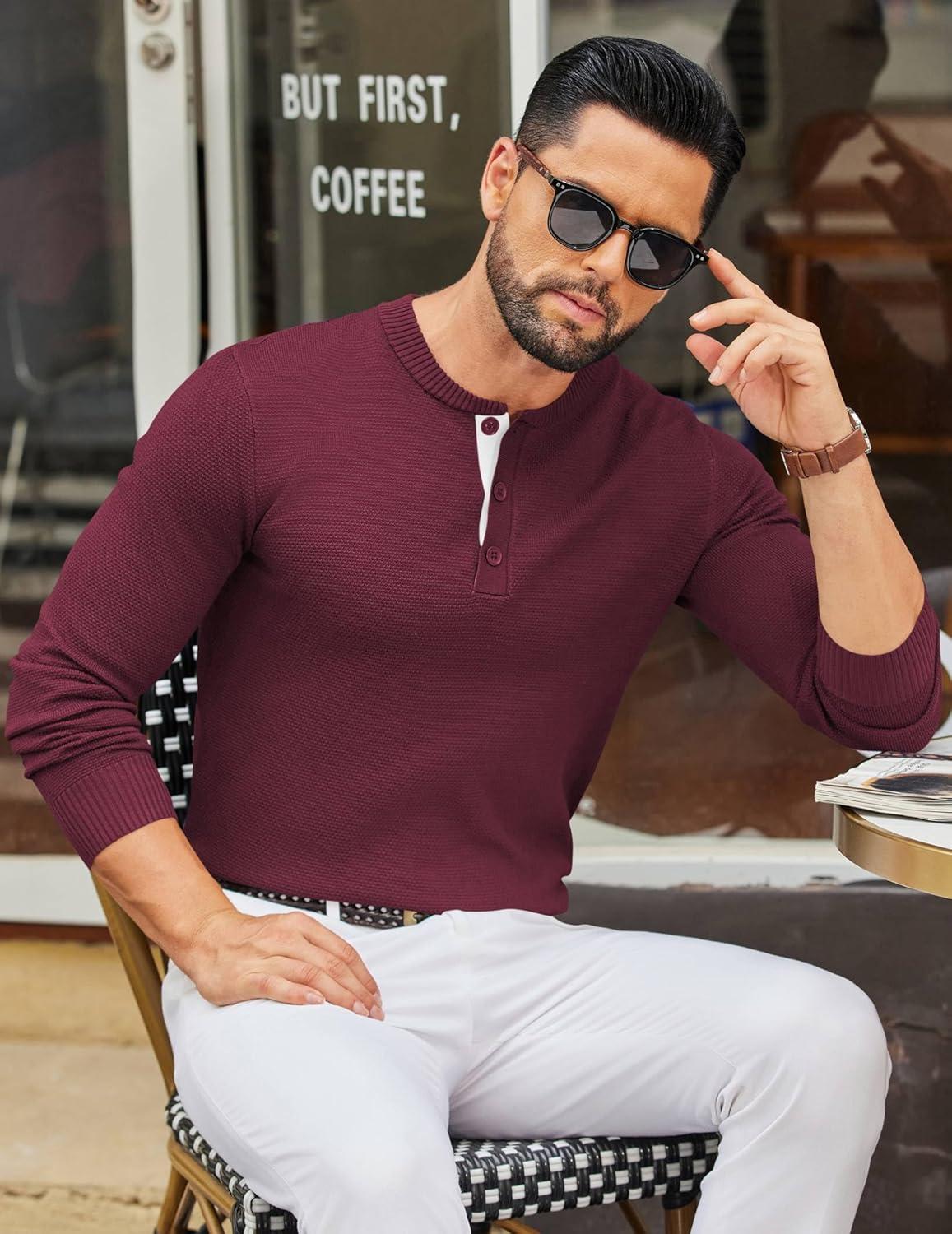 imageCOOFANDY Mens Henley Sweater Long Sleeve Textured Pullover Sweaters Casual Button Crewneck Knit SweaterWine Red