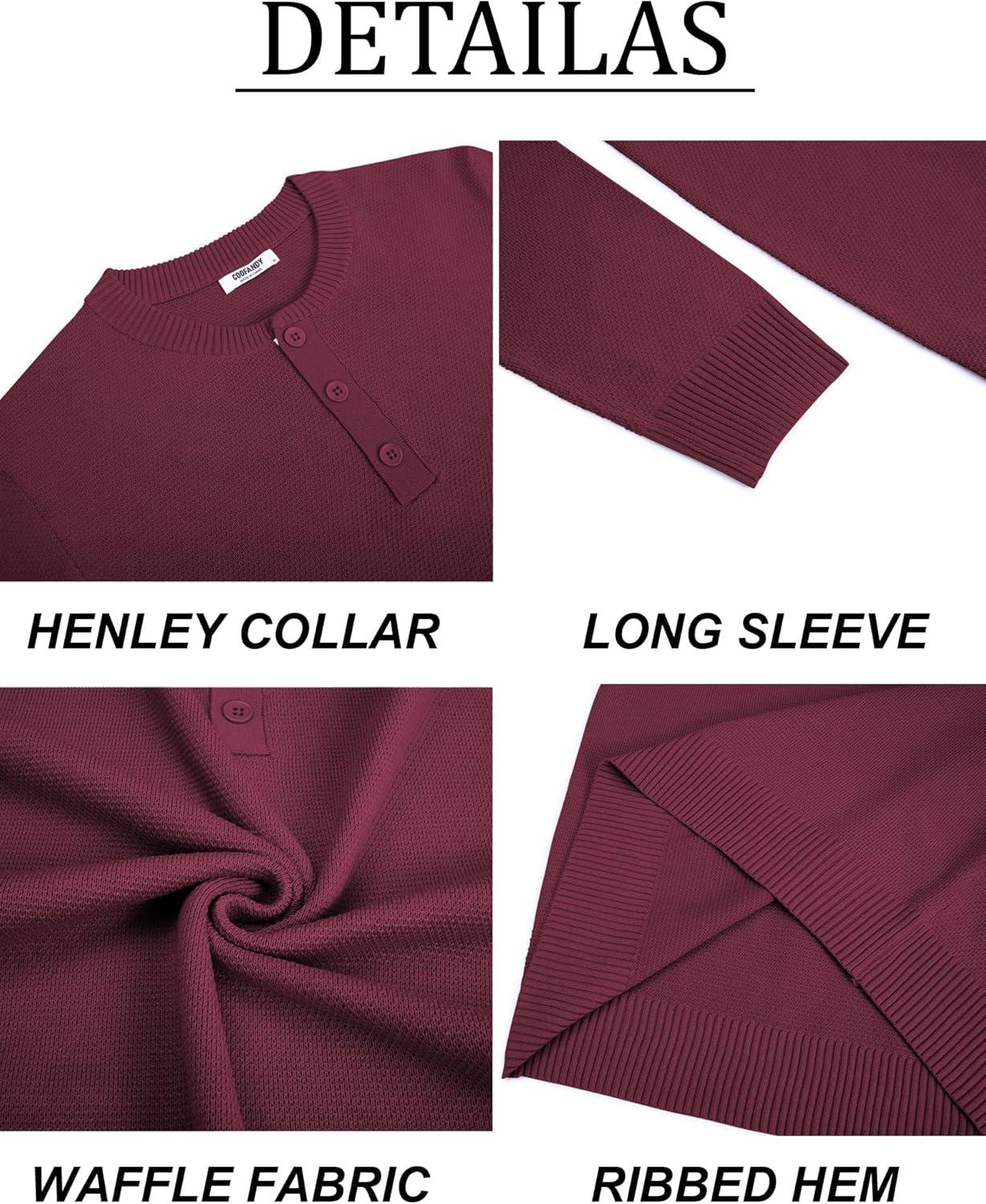 imageCOOFANDY Mens Henley Sweater Long Sleeve Textured Pullover Sweaters Casual Button Crewneck Knit SweaterWine Red