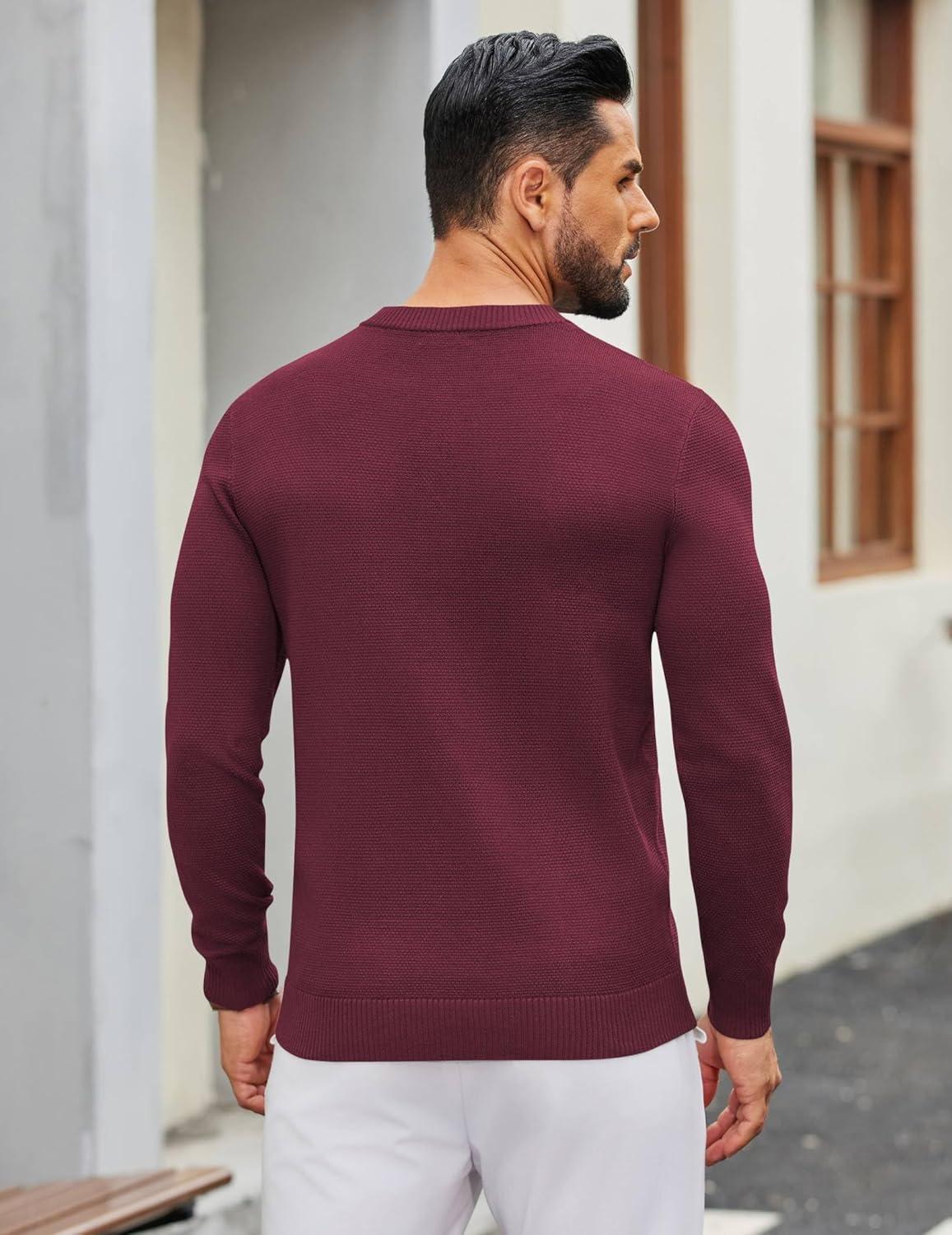 imageCOOFANDY Mens Henley Sweater Long Sleeve Textured Pullover Sweaters Casual Button Crewneck Knit SweaterWine Red