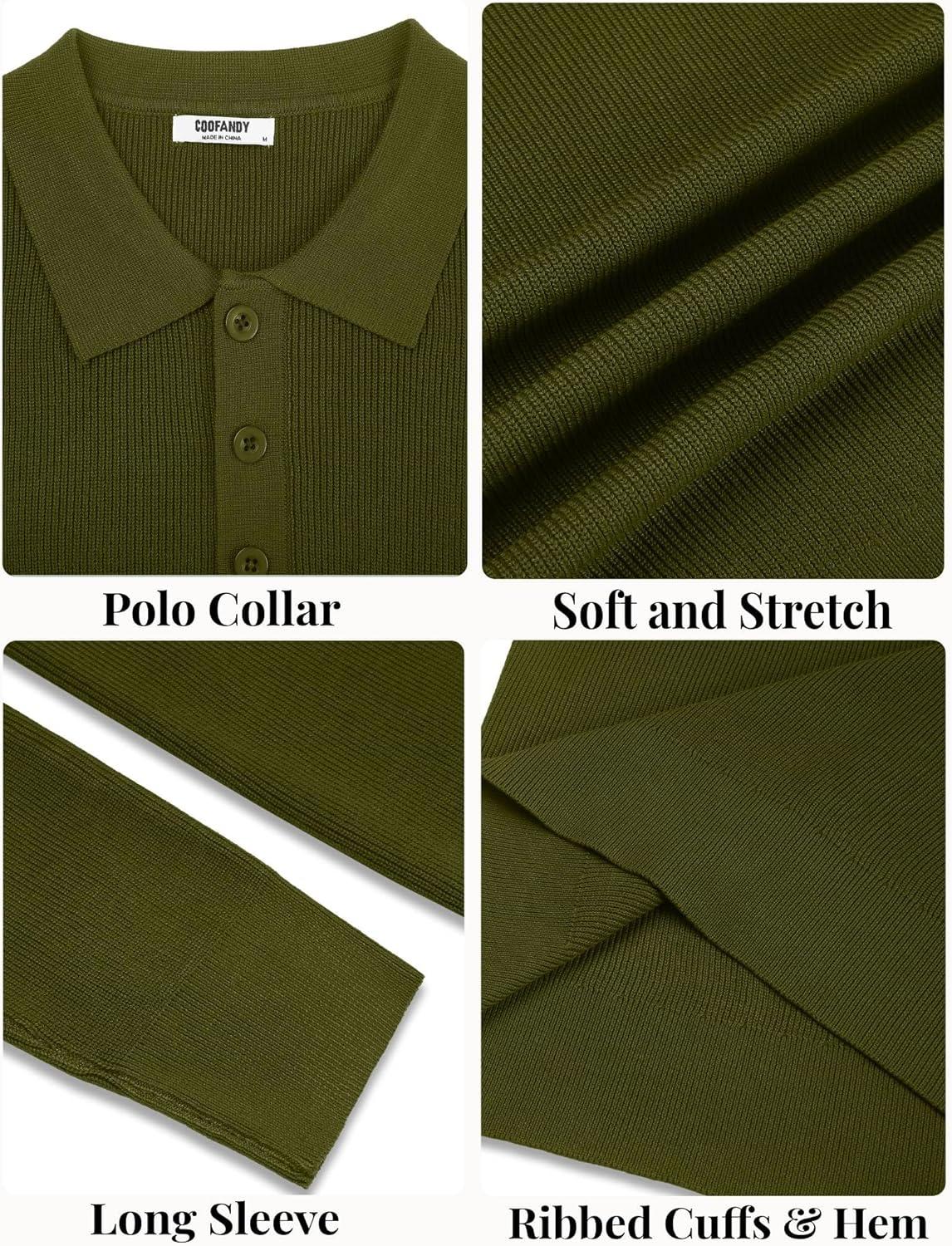 imageCOOFANDY Mens Knit Polo Sweater Long Sleeve Polo Sweaters Casual Knitted Button Collar Pullover SweaterArmy Green