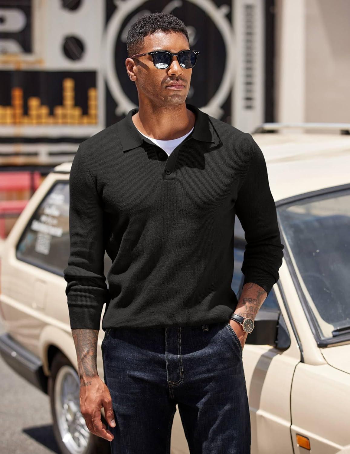 imageCOOFANDY Mens Knit Polo Sweater Long Sleeve Polo Sweaters Casual Knitted Button Collar Pullover SweaterBlack