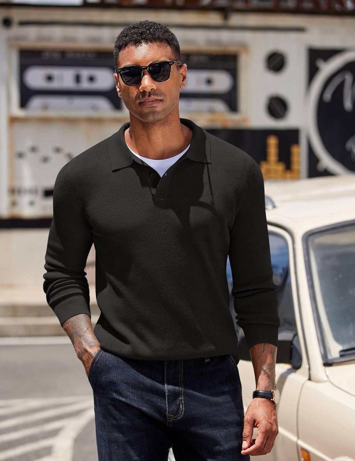 imageCOOFANDY Mens Knit Polo Sweater Long Sleeve Polo Sweaters Casual Knitted Button Collar Pullover SweaterBlack