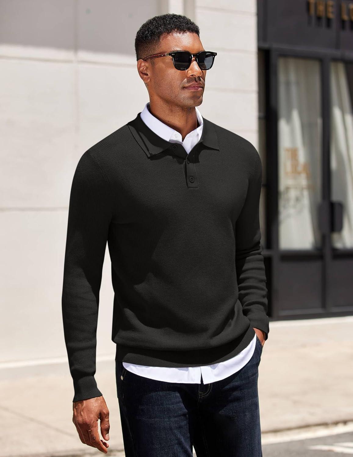 imageCOOFANDY Mens Knit Polo Sweater Long Sleeve Polo Sweaters Casual Knitted Button Collar Pullover SweaterBlack