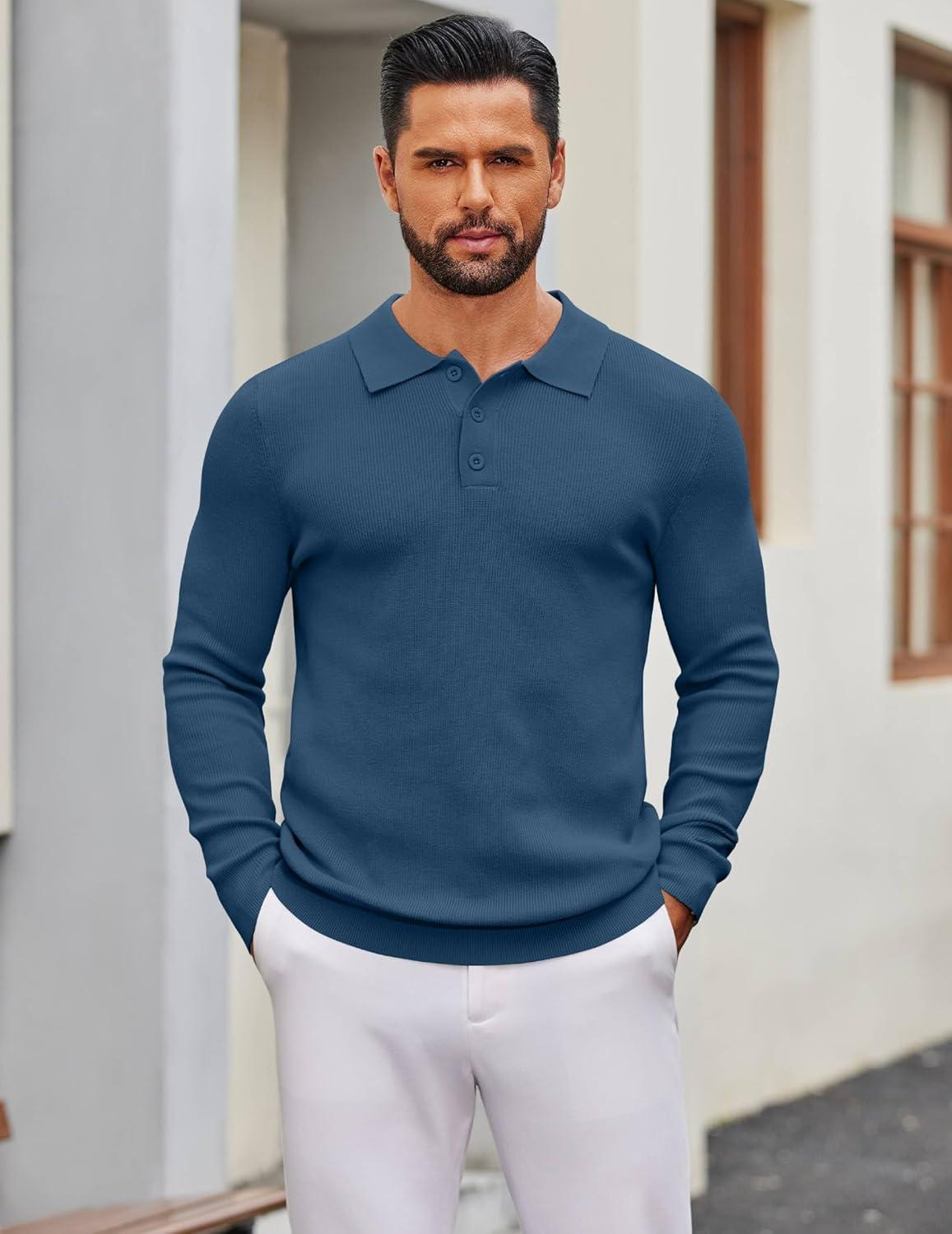 imageCOOFANDY Mens Knit Polo Sweater Long Sleeve Polo Sweaters Casual Knitted Button Collar Pullover SweaterBlue