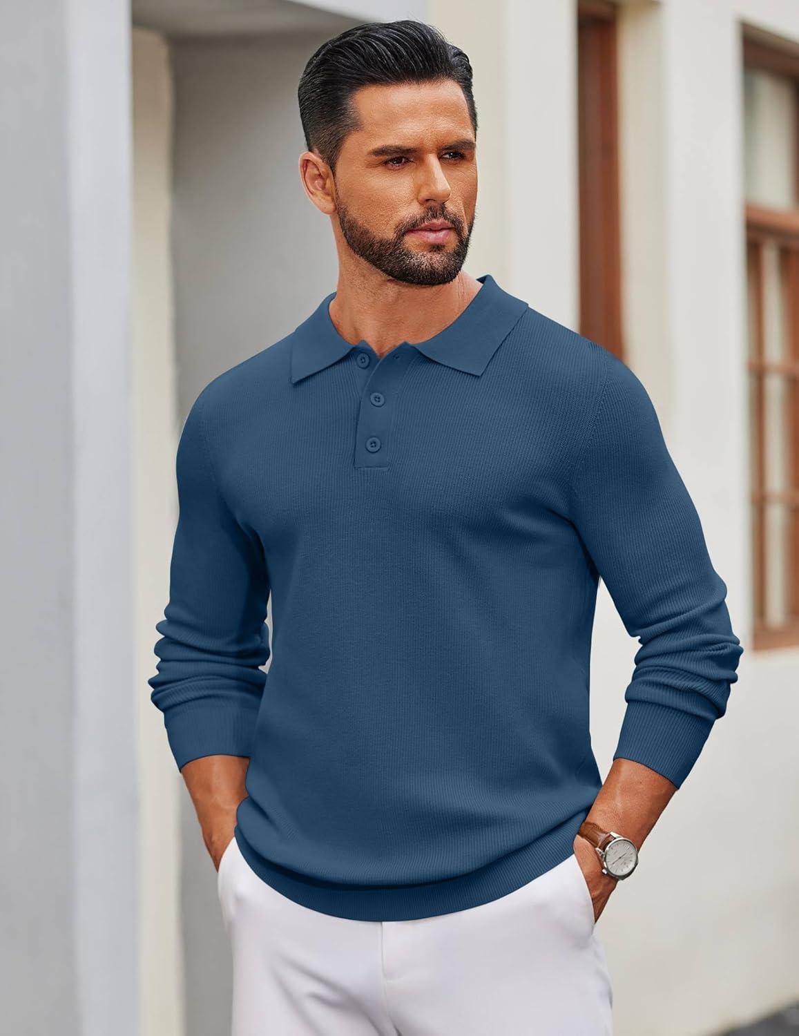 imageCOOFANDY Mens Knit Polo Sweater Long Sleeve Polo Sweaters Casual Knitted Button Collar Pullover SweaterBlue