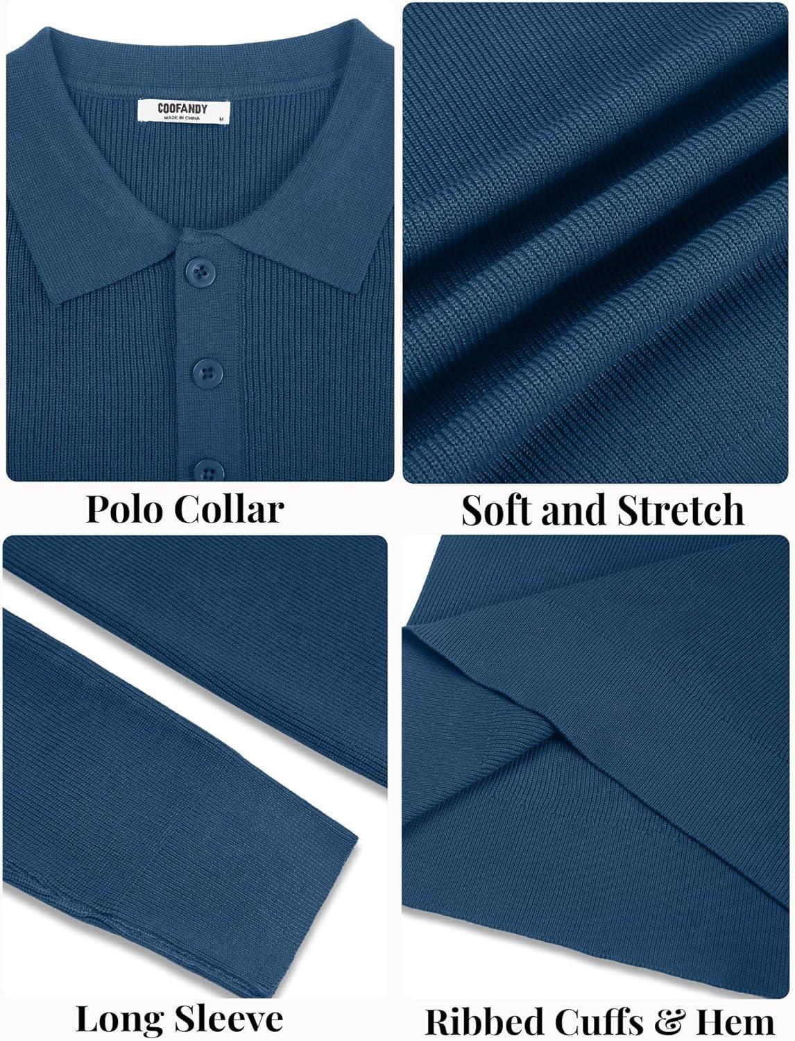 imageCOOFANDY Mens Knit Polo Sweater Long Sleeve Polo Sweaters Casual Knitted Button Collar Pullover SweaterBlue