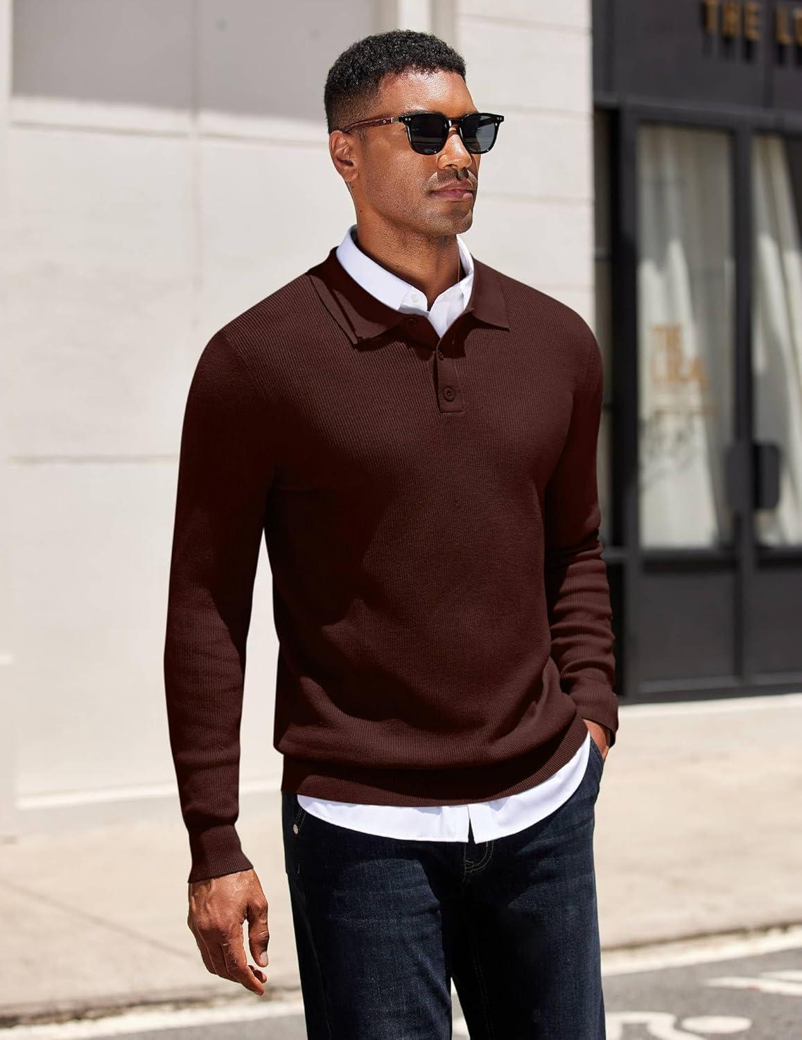 imageCOOFANDY Mens Knit Polo Sweater Long Sleeve Polo Sweaters Casual Knitted Button Collar Pullover SweaterBrown