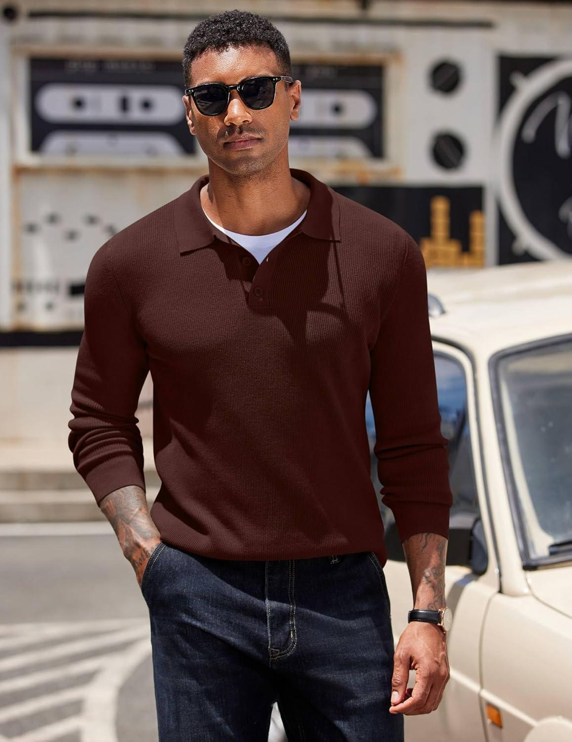 imageCOOFANDY Mens Knit Polo Sweater Long Sleeve Polo Sweaters Casual Knitted Button Collar Pullover SweaterBrown