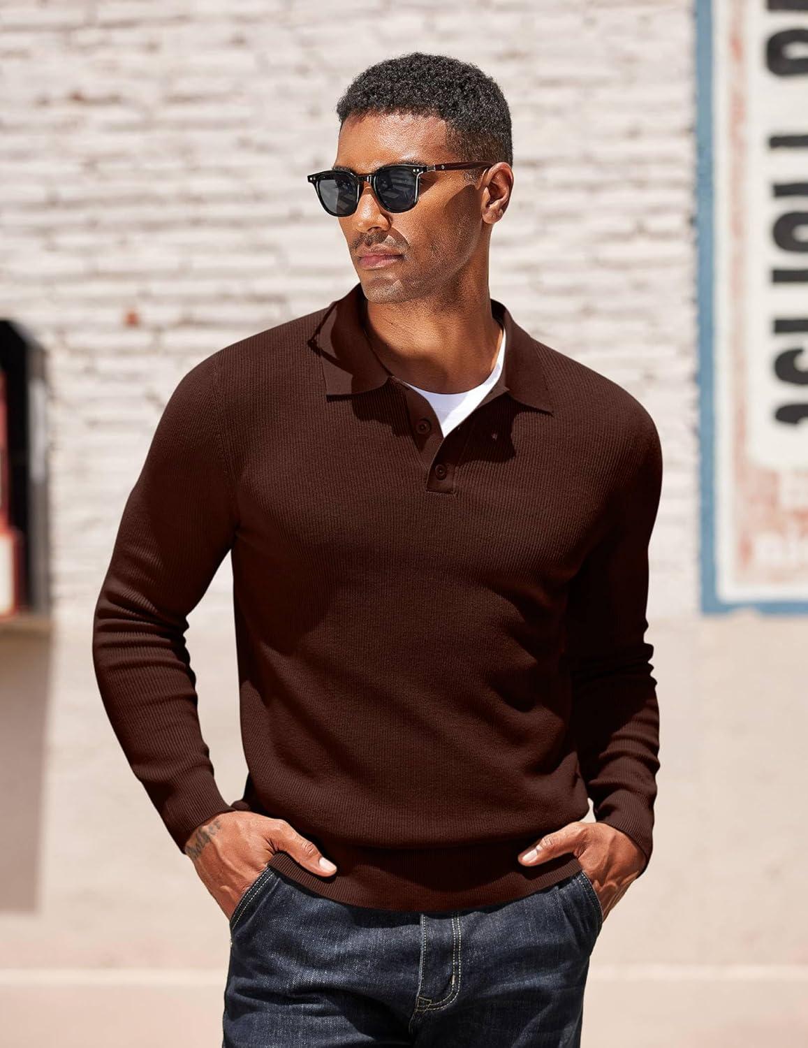 imageCOOFANDY Mens Knit Polo Sweater Long Sleeve Polo Sweaters Casual Knitted Button Collar Pullover SweaterBrown