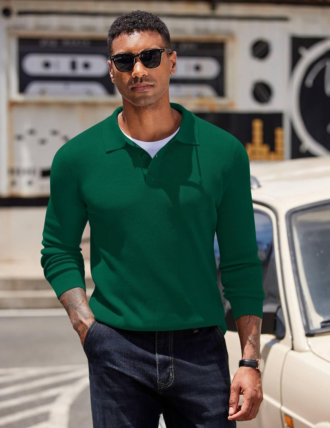 imageCOOFANDY Mens Knit Polo Sweater Long Sleeve Polo Sweaters Casual Knitted Button Collar Pullover SweaterDark Green
