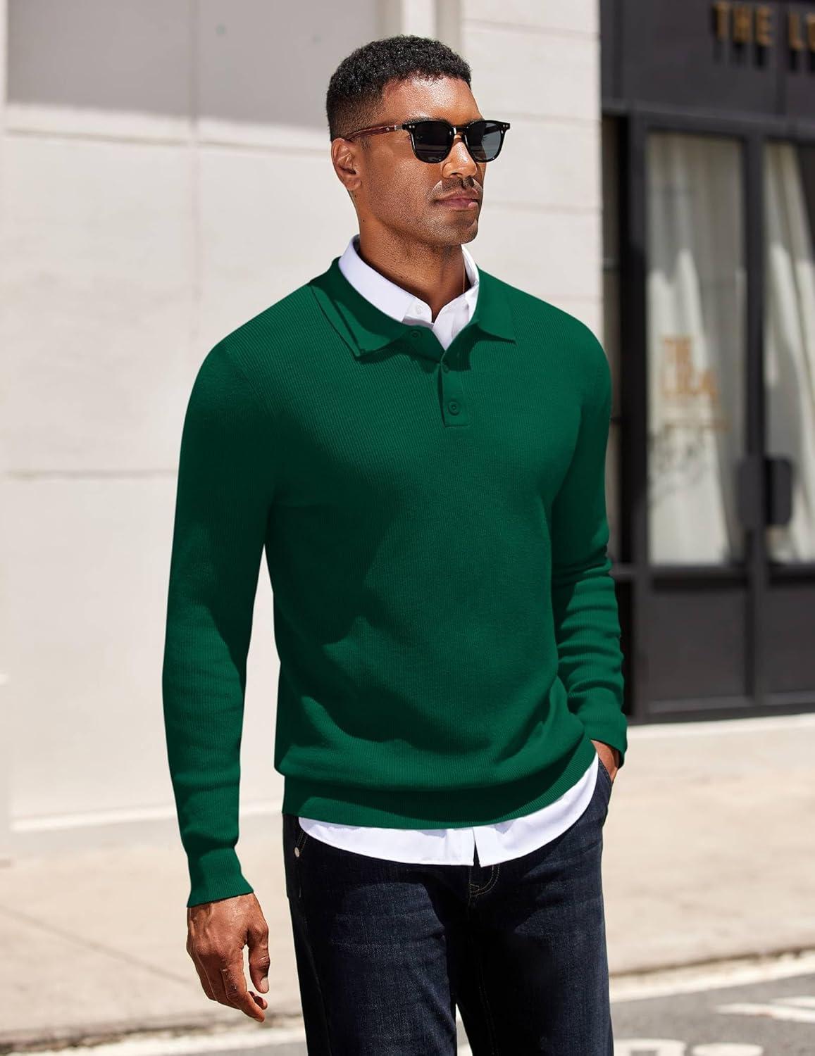 imageCOOFANDY Mens Knit Polo Sweater Long Sleeve Polo Sweaters Casual Knitted Button Collar Pullover SweaterDark Green