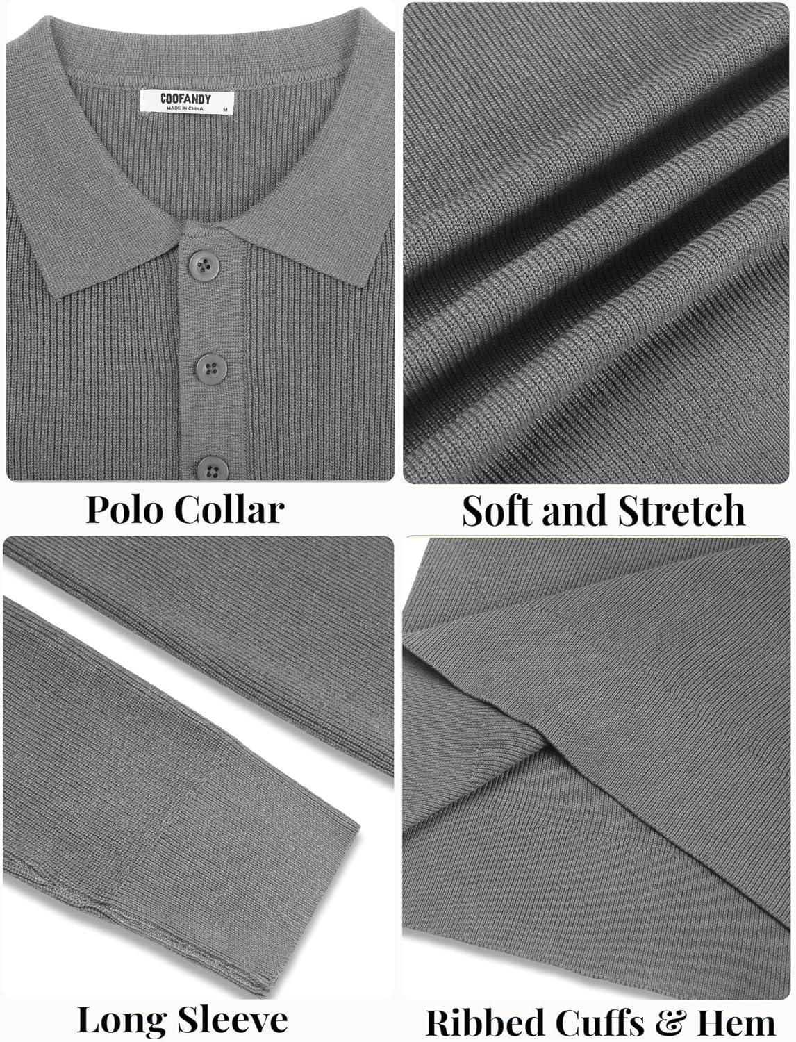 imageCOOFANDY Mens Knit Polo Sweater Long Sleeve Polo Sweaters Casual Knitted Button Collar Pullover SweaterDark Grey
