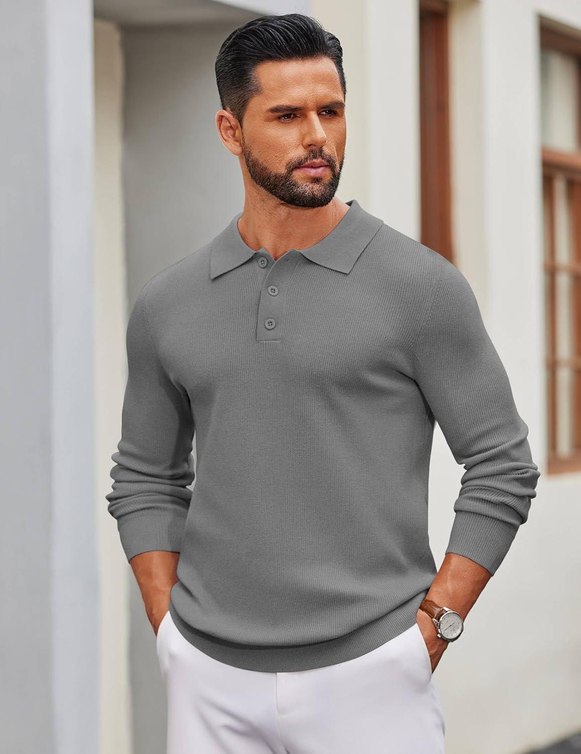 imageCOOFANDY Mens Knit Polo Sweater Long Sleeve Polo Sweaters Casual Knitted Button Collar Pullover SweaterDark Grey