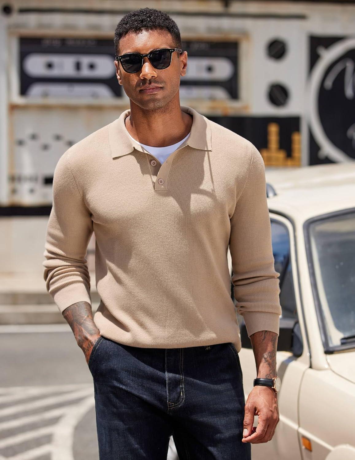 imageCOOFANDY Mens Knit Polo Sweater Long Sleeve Polo Sweaters Casual Knitted Button Collar Pullover SweaterDark Khaki