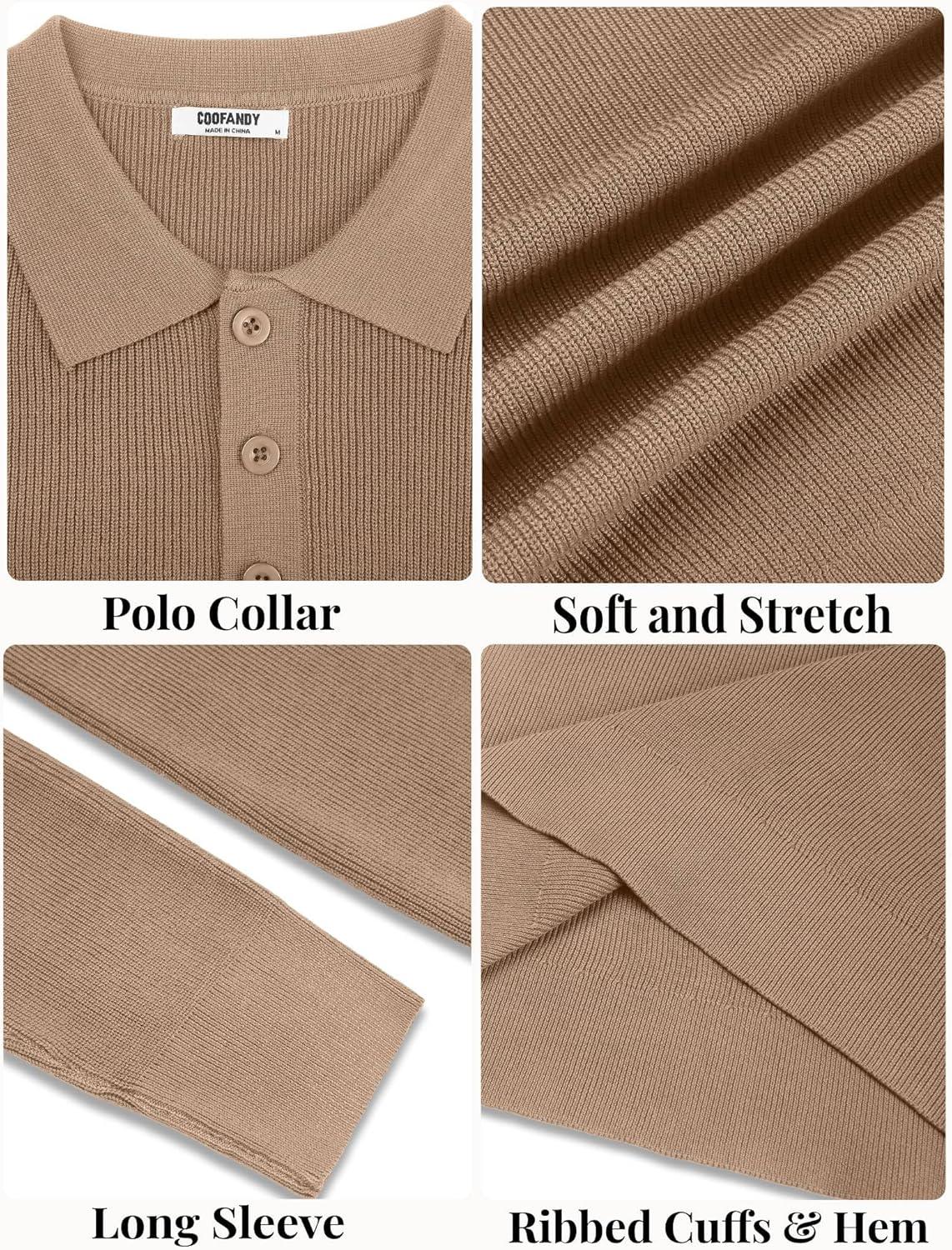 imageCOOFANDY Mens Knit Polo Sweater Long Sleeve Polo Sweaters Casual Knitted Button Collar Pullover SweaterDark Khaki