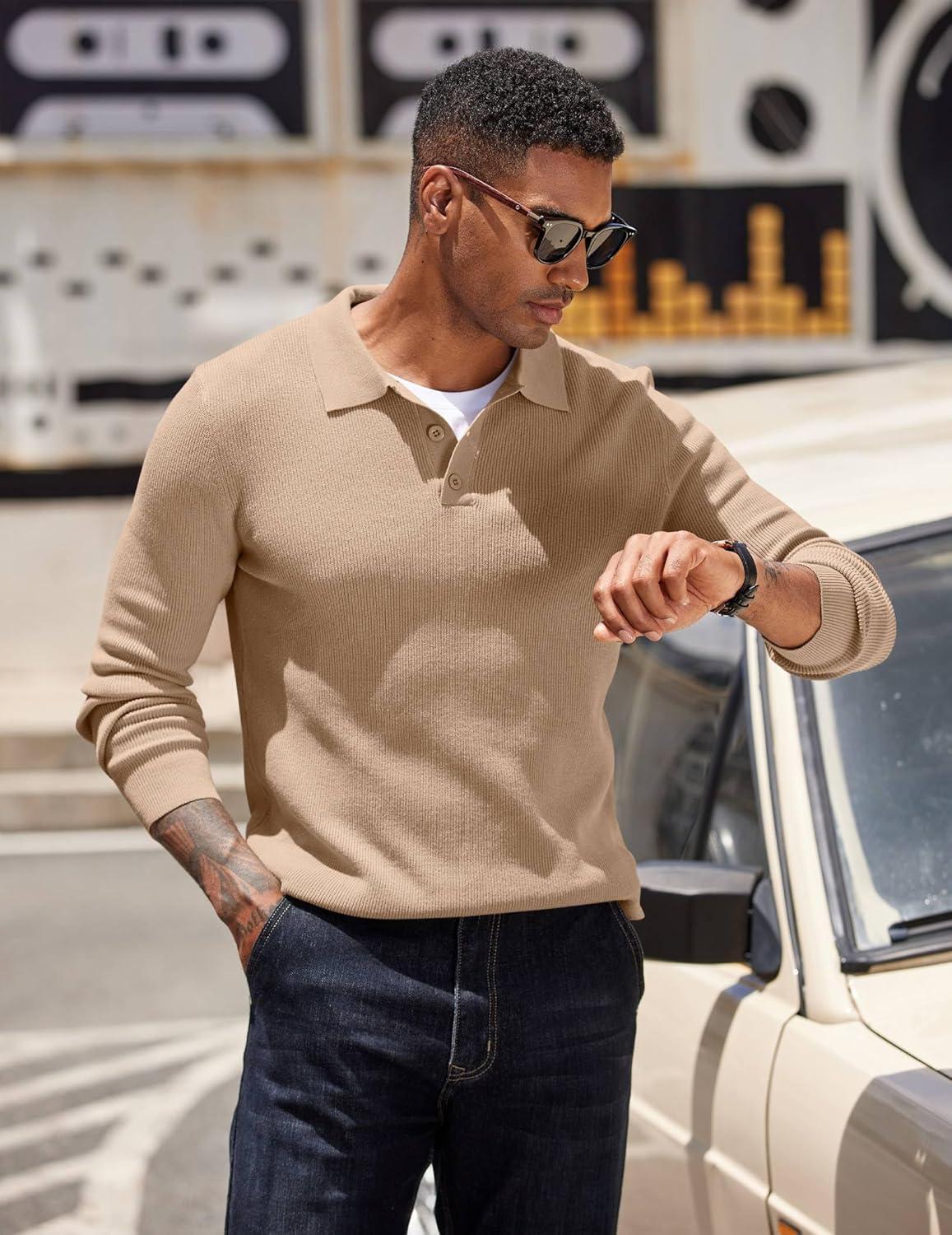 imageCOOFANDY Mens Knit Polo Sweater Long Sleeve Polo Sweaters Casual Knitted Button Collar Pullover SweaterDark Khaki