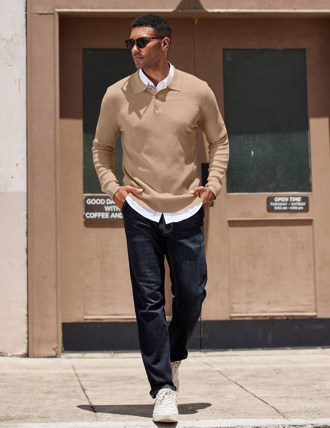 imageCOOFANDY Mens Knit Polo Sweater Long Sleeve Polo Sweaters Casual Knitted Button Collar Pullover SweaterDark Khaki