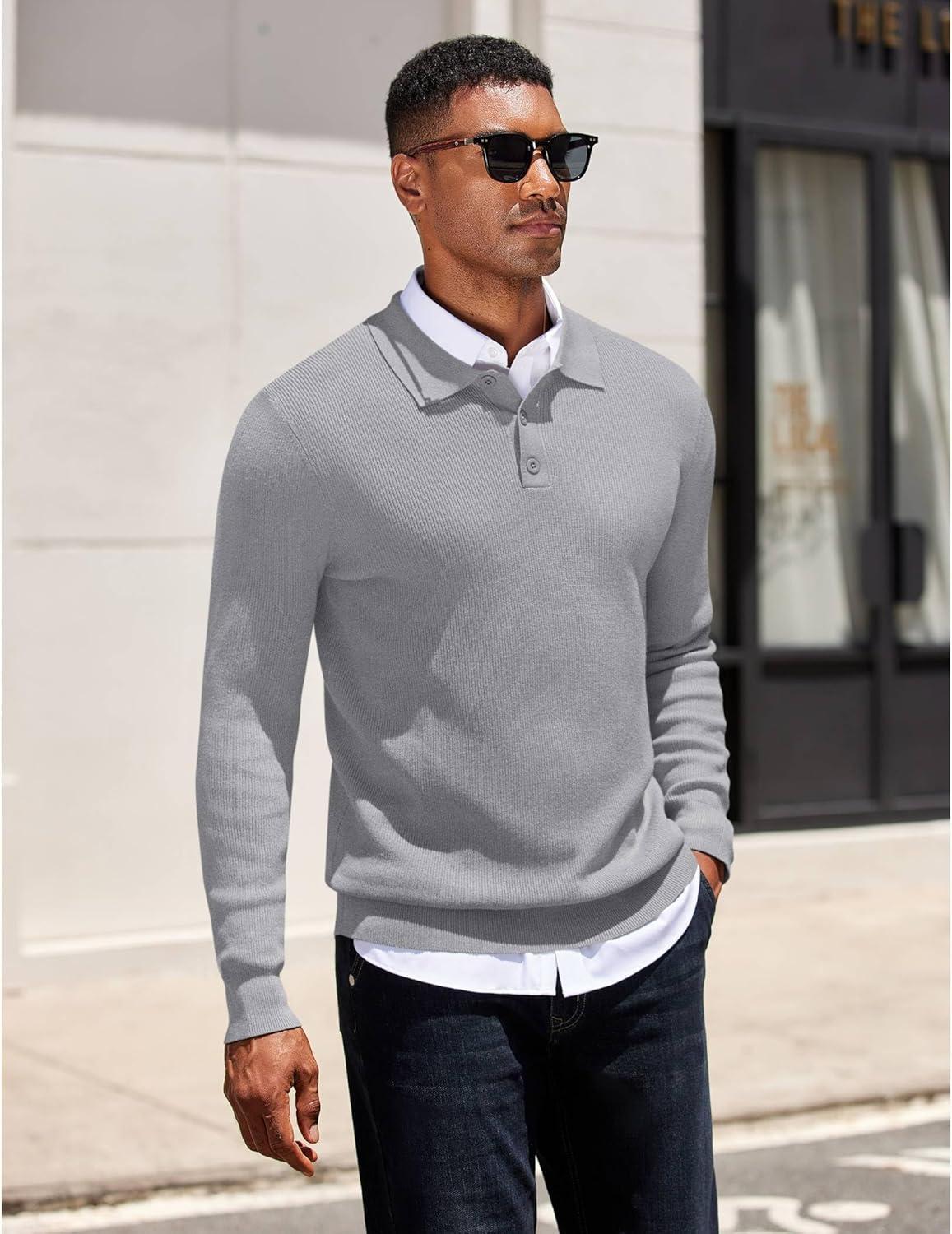 imageCOOFANDY Mens Knit Polo Sweater Long Sleeve Polo Sweaters Casual Knitted Button Collar Pullover SweaterLight Grey