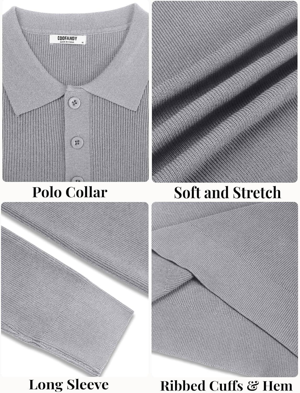 imageCOOFANDY Mens Knit Polo Sweater Long Sleeve Polo Sweaters Casual Knitted Button Collar Pullover SweaterLight Grey