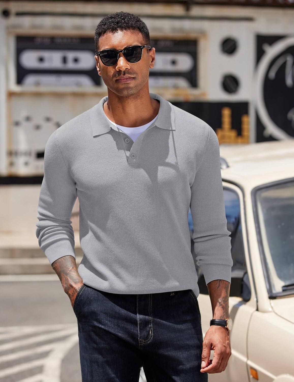 imageCOOFANDY Mens Knit Polo Sweater Long Sleeve Polo Sweaters Casual Knitted Button Collar Pullover SweaterLight Grey