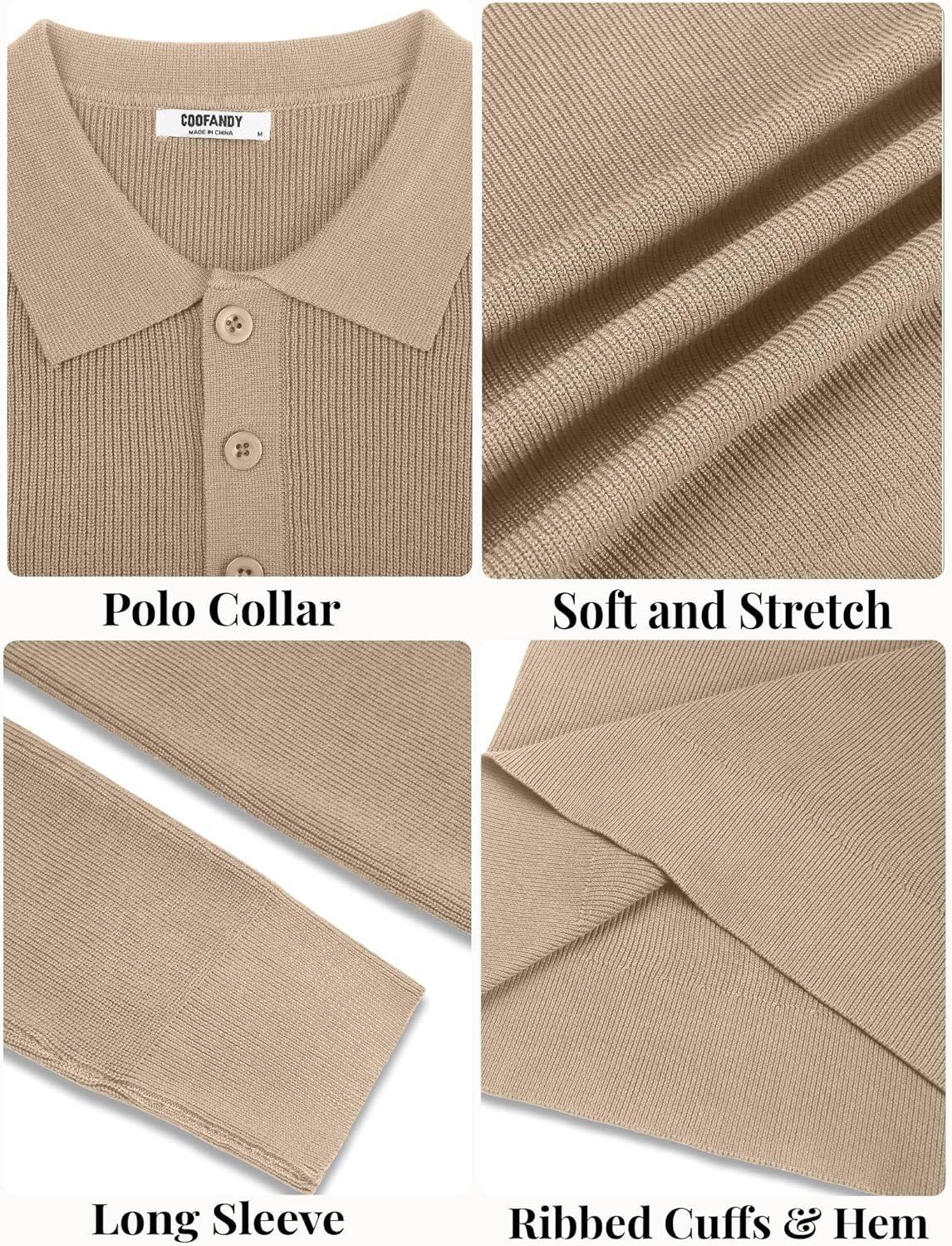 imageCOOFANDY Mens Knit Polo Sweater Long Sleeve Polo Sweaters Casual Knitted Button Collar Pullover SweaterLight Khaki