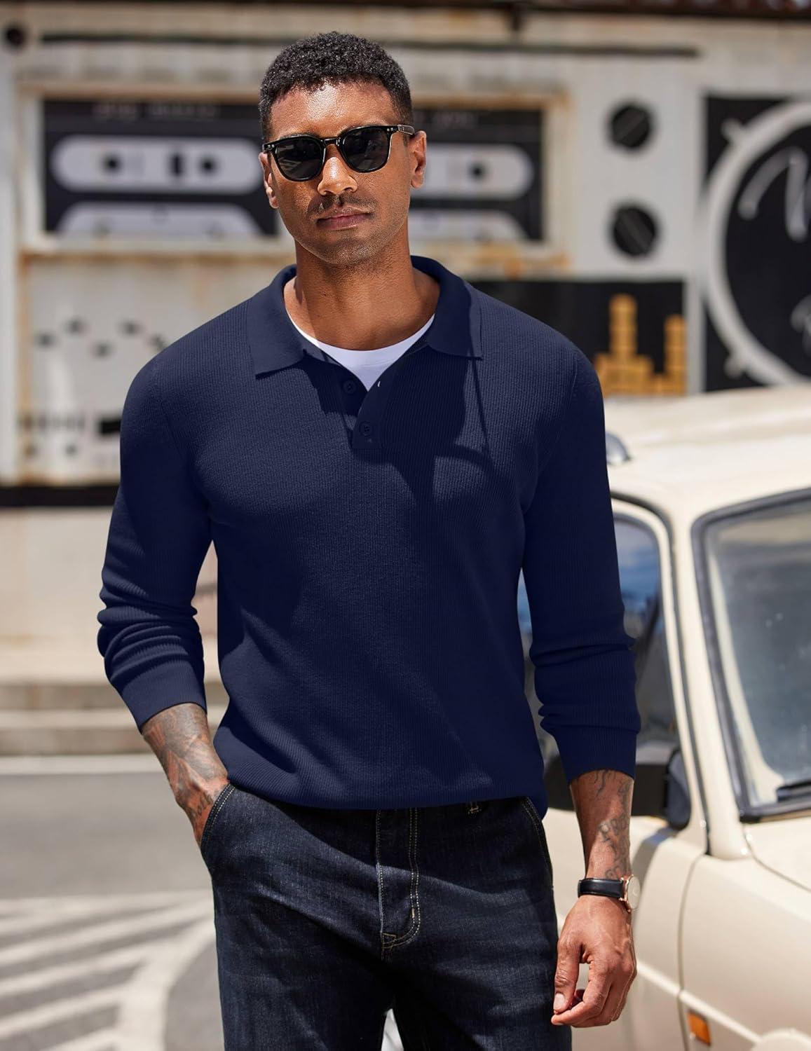 imageCOOFANDY Mens Knit Polo Sweater Long Sleeve Polo Sweaters Casual Knitted Button Collar Pullover SweaterNavy Blue